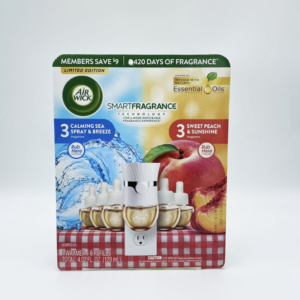 Air Wick Smart Fragrance 3 Calming Sea Spray Breeze & 3 Sweet Peach & Sunshine (1 Warmer + 6 Refills)