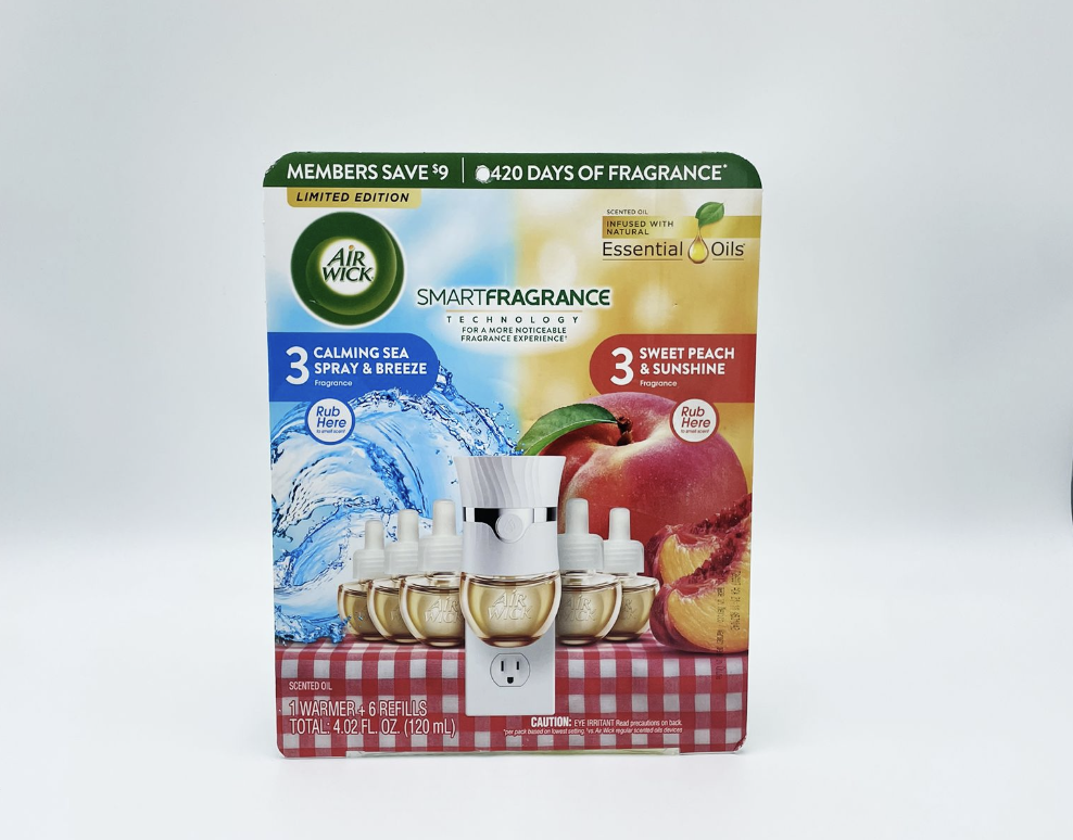 Air Wick Smart Fragrance 3 Calming Sea Spray Breeze & 3 Sweet Peach & Sunshine (1 Warmer + 6 Refills)