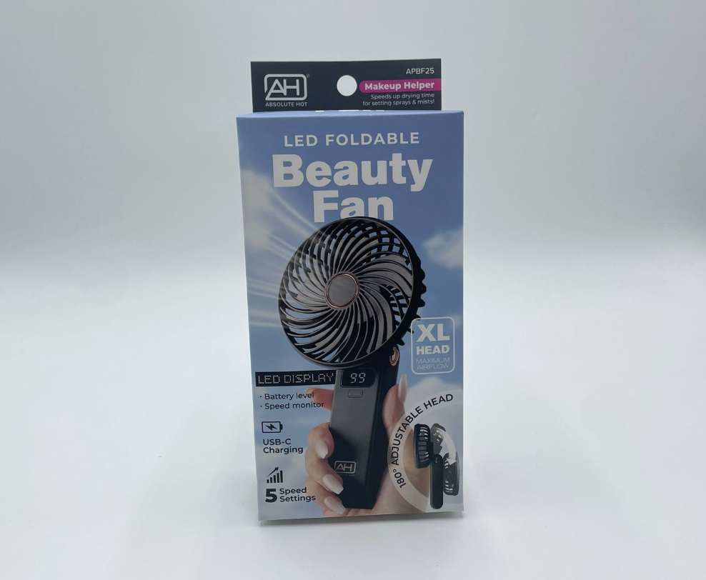 Absolute Hot LED Foldable Beauty Fan – Black Portable Makeup & Skincare Helper with USB-C Charging